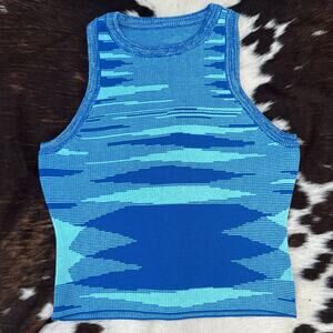 Blue Patterned Sleeveless Knit Scoop Neck Sweater